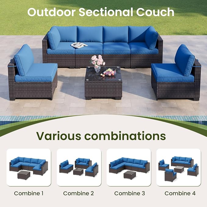 7 Piece Outdoor Patio Furniture Set, All Weather Pe Rattan Wicker Modular Patio Sofa Conversation Sets Sectional with High Backrest Support and Wide Armrest for Backyard, Balcony, Deck, Porch