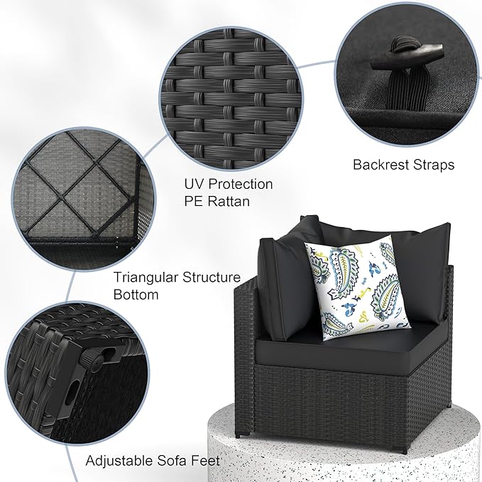 GOJOOASIS Patio Furniture Set Outdoor Sectional Sofa with Ottoman Wicker Couch Rattan Modular Seating Conversation Sets Porch Decor for Backyard, Balcony, Garden (Black)