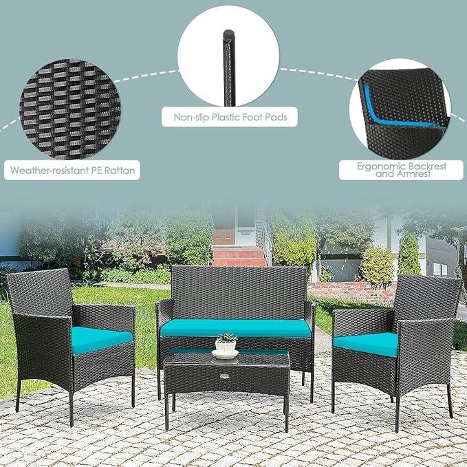 HAPPYGRILL 4 Pieces Patio Furniture Set Rattan Wicker Conversation Set with Tempered Glass Top Table, Outdoor Wicker Sofa Set with Removable Cushions for Poolside Garden Backyard