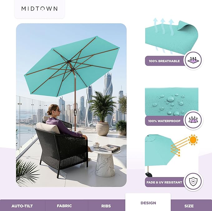 Midtown Umbrellas Sunbrella Umbrella Outdoor Patio Umbrella 2-9 Feet in Sunbrella Aruba Acrylic Fabric, Auto-Tilt Aluminum Frame For Backyard, Deck & Porch Umbrella - Wooden Pole