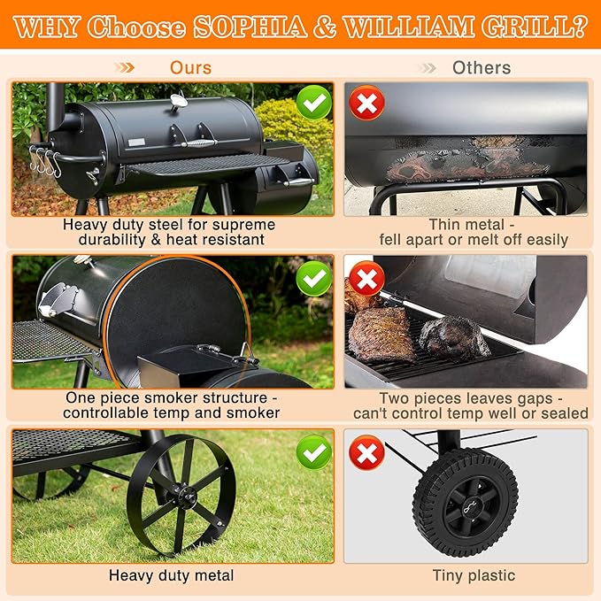 Sophia & William Heavy-Duty Charcoal Outdoor Smoker Grills, Extra Large Offset Smoker (941 SQ.IN. Cooking Area), Charcoal Grill & Smoker Combo for BBQ Patio Cooking