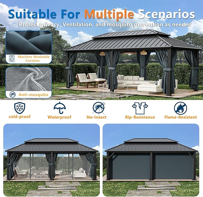HOTEEL 12x20 Hardtop Gazebo on Clearance with Metal Roof, Heavy Duty Galvanized Steel Patio Hot tub Hard Top Gazebos with Reinforced Frame, with Privacy Curtains and Netting, for Backyard, Black