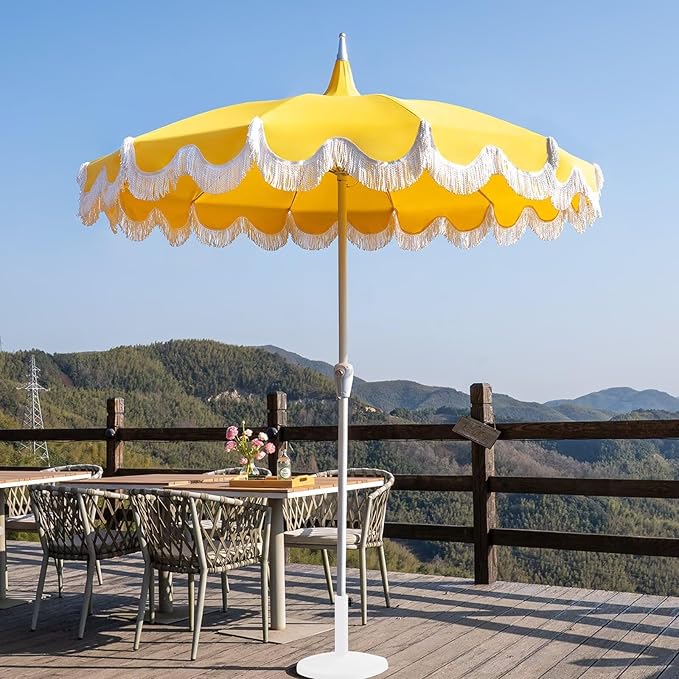 7.5ft Pagoda Patio Umbrella with Fringe, UPF50+ Tassel Umbrella with Crank & Fiberglass Ribs, Holiday Outdoor Umbrella for Garden Pool Lawn Yard Table