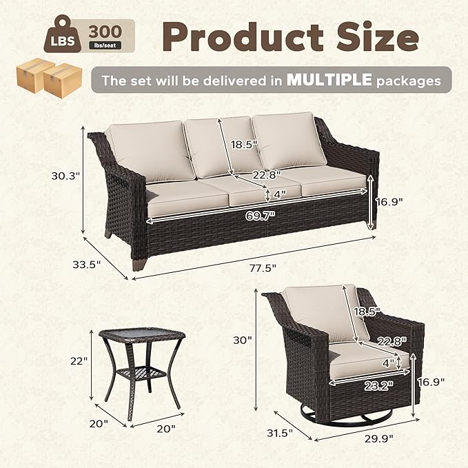 4 Pieces Patio Conversation Furniture Set - 1 Sofa, 2 Swivel Chairs, 1 Side Table, Outdoor Wicker Furniture with Removable Cushions for Porch, Balcony, Sunroom (Beige)