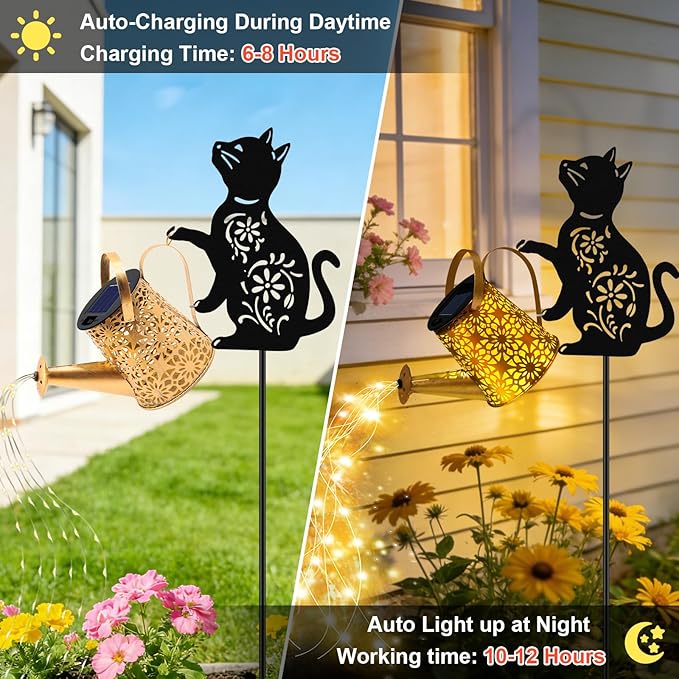 VOOKRY Solar Watering Can Lights Outdoor with Cat Silhouette Stake, Garden Gifts for Mom, Women & Garden Lovers Waterproof Metal Garden Lantern, Decorative Yard Patio Lawn Pathway Decor(1 Pack)