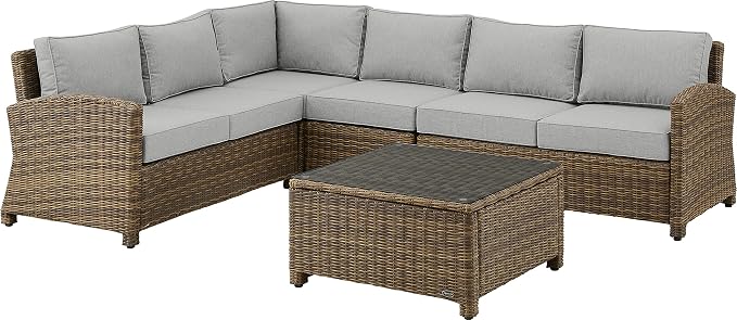 Crosley Furniture Bradenton 5-Piece Outdoor Sectional Sofa Wicker Conversation Patio Furniture Set for Deck, Brown with Gray Cushions