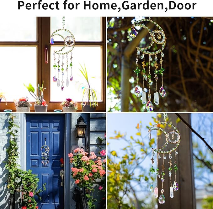Moon Crystal Suncatcher Rainbow Maker Window Hanging Decoration - Green | Handmade crystal decoration with natural stones, creates rainbow reflections for windows, bedrooms and home decor.