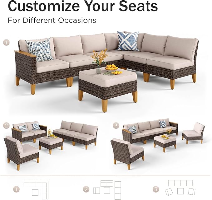 PHI VILLA 7-Piece Wicker Patio Furniture Set, Wicker Sectional Sofa Conversation Set with Cushioned 2 x Single Sofa, 2 x One Armrest Chair, 2 x Ottoman and 1 x Armless, Beige
