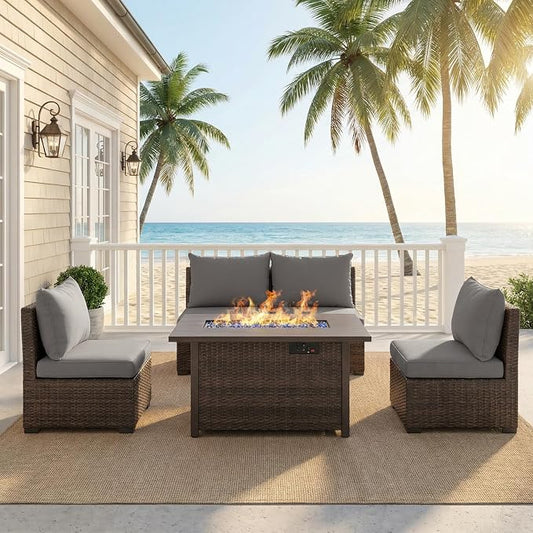 5 Pieces Patio Furniture Set with Fire Pit Table, Outdoor PE Rattan Sectional Sofa with Soft Cushions for Backyard, Porch, and Poolside (Gray, 5 PCS w/Firepit)