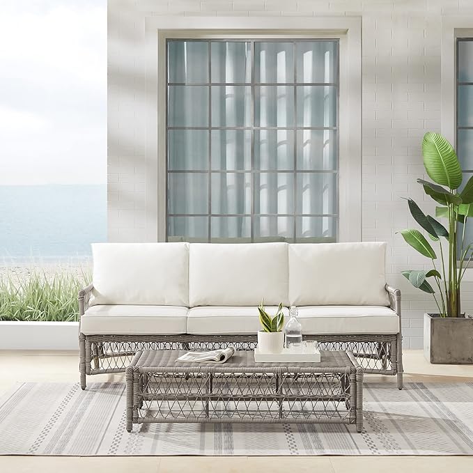 Crosley Furniture Thatcher 2-Piece Outdoor Sofa Patio Furniture Set, Wicker Conversation Sets for Porch, Driftwood with Creme Cushions