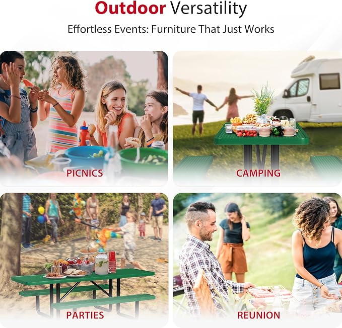 Leisure Craft Metal Picnic Table with Bench - 8 ft Rectangle Outdoor Dining Table with Umbrella Hole, Heavy Duty Thermoplastic Coating, ADA Compliant, Commercial Grade Furniture Made in USA - Green