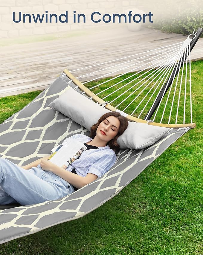 SONGMICS Hammock, Quilted Double Hammock with Padded Pillow, 78.7 x 55.1 Inches, 495 lb Weight Capacity, Portable for Outdoor Relaxation, Garden, Patio, and Camping, Gray UGDC034G02V1