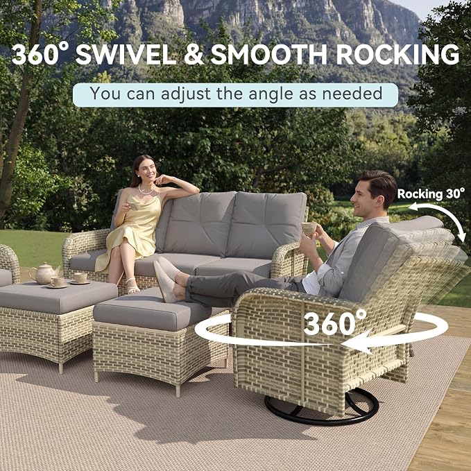 LazySunsets 9 Piece Outdoor Patio Furniture Set with 44'' Fire Pit Table, Wicker Rattan Outdoor Furniture with High Back Swivel Rocker Chairs, Outdoor Sofa Set with Thick Cushions & Ottoman, Grey