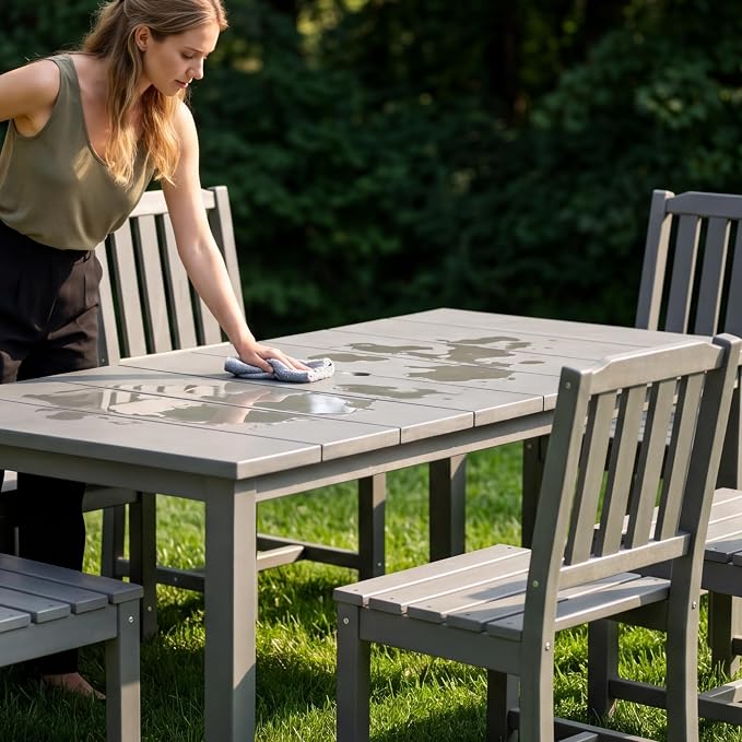 Perli™ 7-Piece Outdoor Dining Set, All-Weather HDPE Patio Table and 6 Chairs with Umbrella Hole, UV-Resistant Composite Wood Dining Furniture for Deck, Backyard, Poolside, Grey