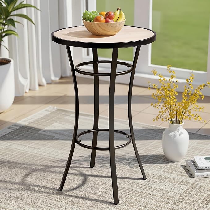 Outvita 39" Outdoor Bar Height Bistro Table, Stylish Round Pub Table with Wooden-Like Top & Sturdy Metal Frame for Patio Dining