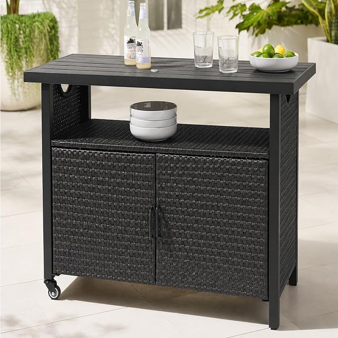 Outdoor Bar Table with Storage Cabinet, Patio Serving Cart with Wheels, Wicker Bar Cart and Grill Cart Prep Station, Rolling Kitchen Island for Patio, Backyard, Poolside, Outdoor Use, Black