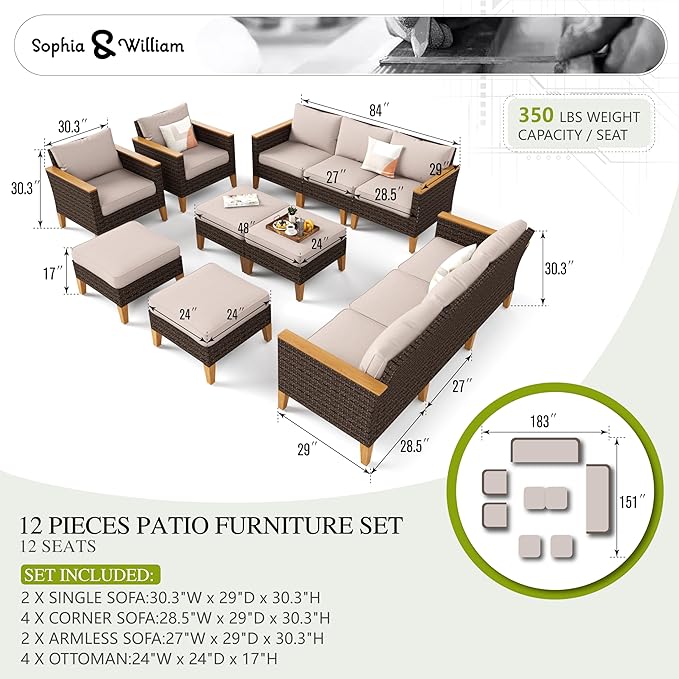 Sophia & William Large Outdoor Patio Furniture Set High Back 12 Piece Wicker Rattan Patio Sectional Sofa Furniture Conversation Set with Single Sofa Chairs, Ottomans,Clips & 4" Thick Cushions, Beige