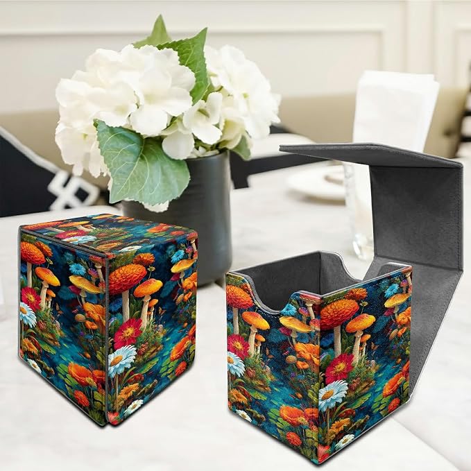 Mushroom Red Flower Card Deck Box for MTG, Personalized Card Storage Case Fits 120+ Sleeved Cards, Premium Leather TCG Box with Strong Magnetic Closure for Magic, CCG, PTCG, Baseball Cards