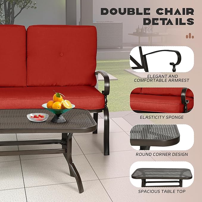Incbruce 4Pcs Outdoor Metal Furniture Sets Wrought Iron Patio Furniture Conversation Set (Loveseat, Coffee Table, 2 Chairs) - Steel Frame Patio Seating Set with Red Cushions