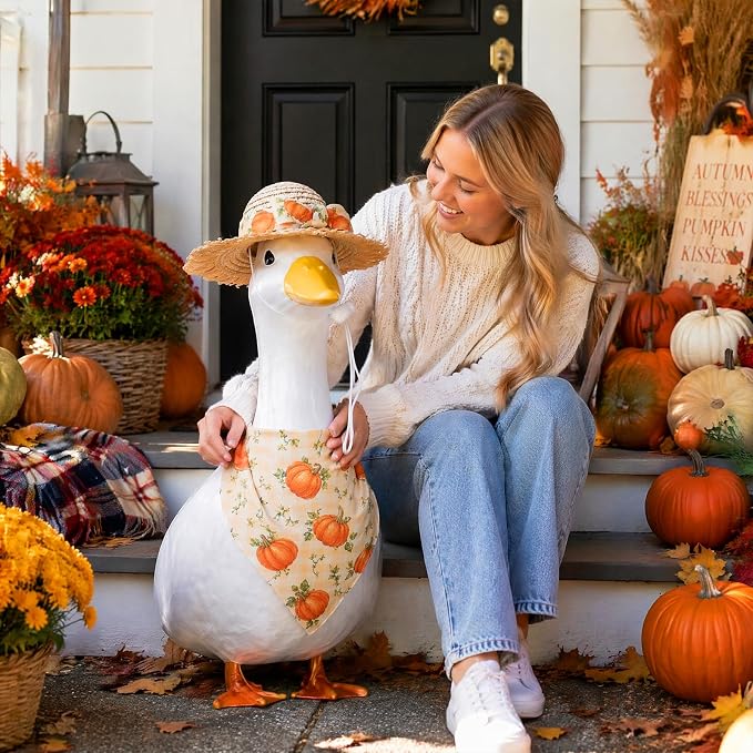 2Pcs Fall Outfit for Porch Goose - Autumn Plaid Pumpkin Bowknot Straw Hat with Bib Accessories for 23'' Cement Statue, Garden Lawn Thanksgiving Halloween Outdoor Decoration