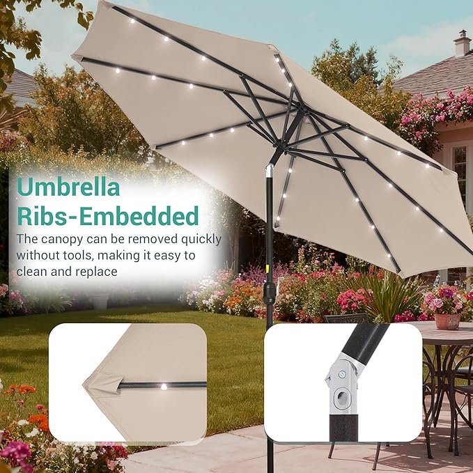 9ft Patio Umbrella Outdoor with Solar Lights,32 LED Lighted Table Market Umbrella with Tilt and Crank, 2-Year-Non-Fading, 8 Sturdy Ribs,for Pool, Deck, Garden,Backyard