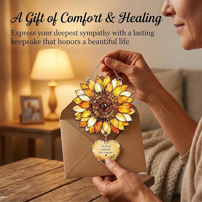 Sunflower Decor 4 inch Memorial Suncatcher for Loss of Loved One, Bereavement Gifts, Sympathy Gifts, in Memory of Loved One Gifts, Remembrance Gift for Loss, Memorial Keepsakes