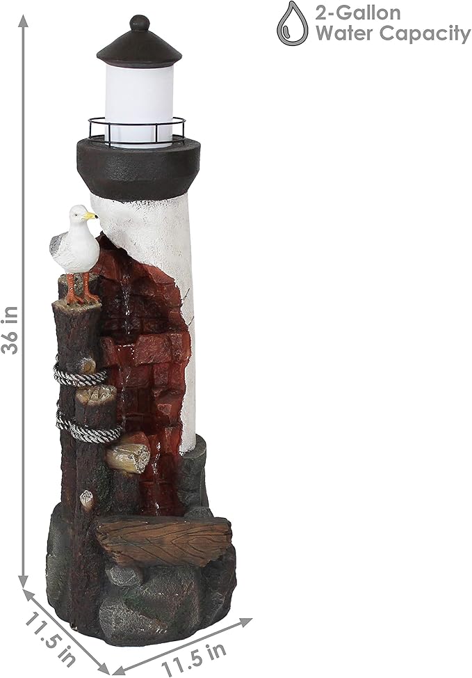 Sunnydaze 36-Inch Gull's Cove Outdoor Lighthouse Water Fountain with LED Light - Polyresin Decorative Water Feature