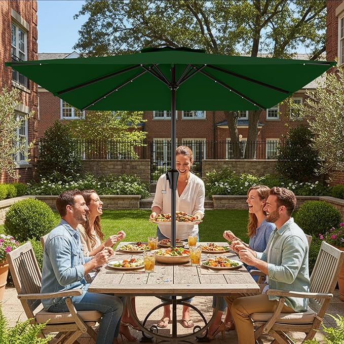 AreShark 8' X 10' Rectangular Patio Umbrella with Solar Lights, Lighted Solar Umbrella with Crank, Outdoor Table Umbrella for Garden, Deck, Backyard, Pool and Beach, Dark Green