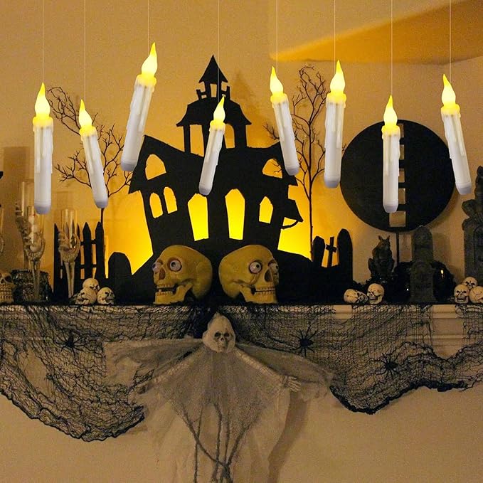 12 Pack LED Taper Candles Battery Operated with Remote, Flameless Flickering Halloween Floating Candle Lights Outdoor Electric Fake Candle Bulk for Chandelier Holder Christmas Party Decorations