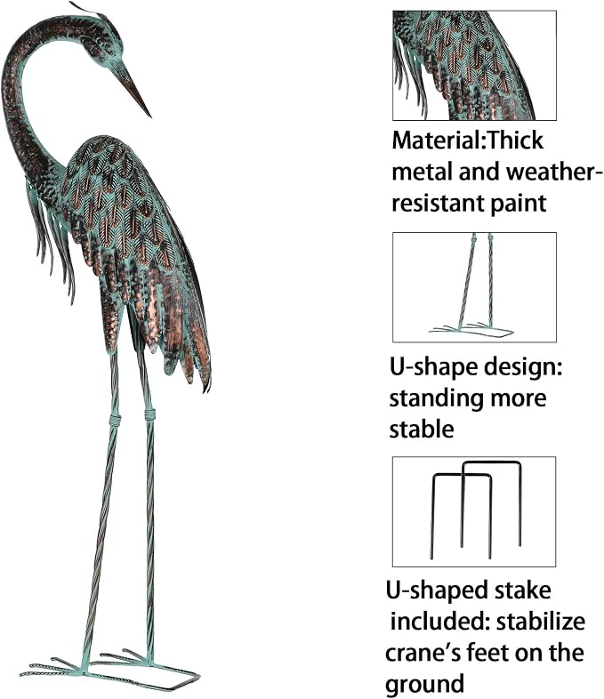 Kircust Garden Crane Statues Metal Heron Outdoor Statue, 46 Inch | Standing Patina Decoy, Weather-Resistant and Rustless, Bird Yard Art for Patio Lawn Pond