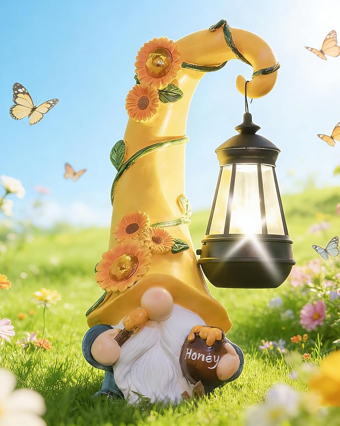 twinbling Birthday Gifts for Women Mom Garden Gnome Statue | Solar Lights Large Garden Sculptures Funny Bee Gnome Outdoor Patio Lawn Yard Garden Decor 12 in Summer Gnomes Outdoor