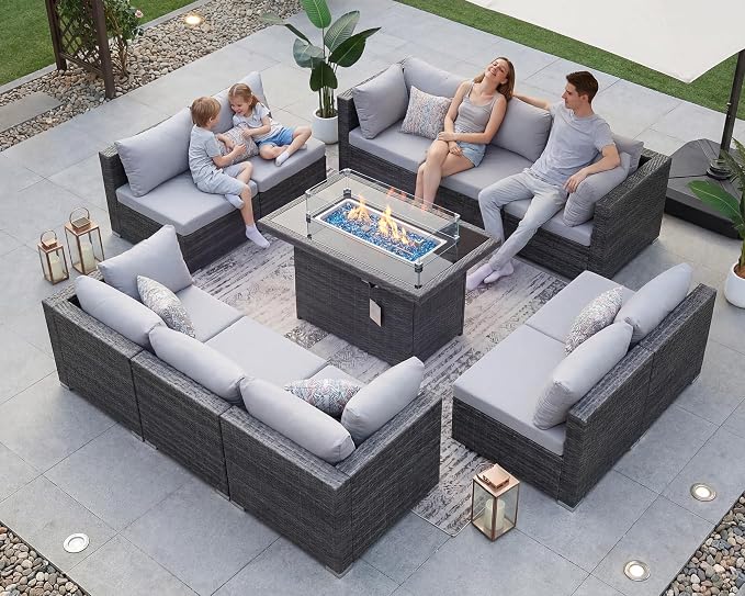 BULEXYARD 11 Piece High Back Outdoor Patio Set with Firepit, Extra Large Backyard Furniture Sectional Couch 10-Seater Modular, XL Big Wide Deep Outside Seating Area for Exterior, Light Grey