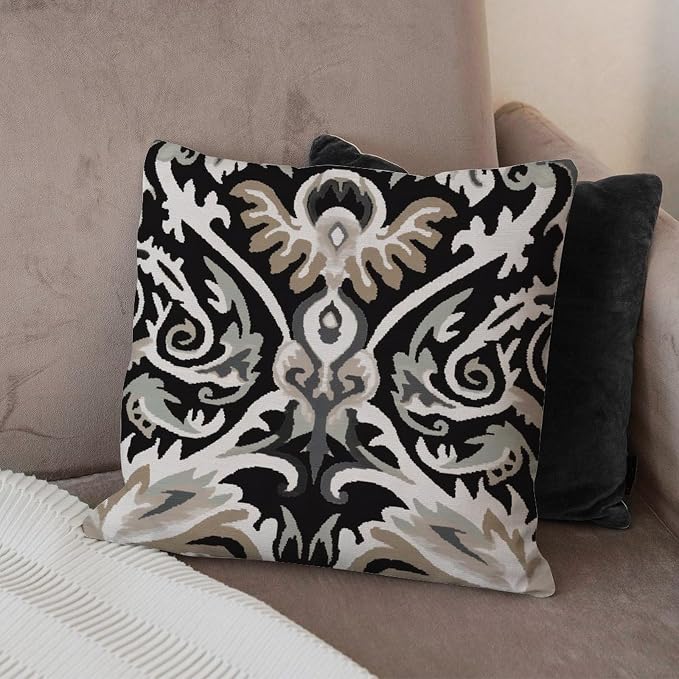 Cushion Cases Ikat Black Brown Pillows Rustic Euro Sham Charcoal Pillow Cover Accent Square Couch Sofa Cushion Covers for Patio Furniture Tent Garden 24x24 in