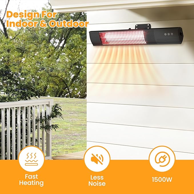 Heating Wall-Mounted Outdoor Heaters for Patio, Indoor/Outdoor Hanging Electric Patio Heater 1500W 3 Heat Modes with Remote, Infrared Outdoor Heater IP55 Resistant, 24H Timer, Black