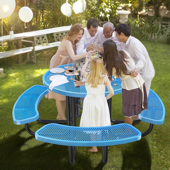 Ceridwen Heavy Duty Picnic Table with 4 Benches, Expanded Metal Steel Mesh Outdoor Patio Dining Table Bench Set with Umbrella Hole,Outdoor Patio Dining Table for Garden (Round, Blue, 46FT)