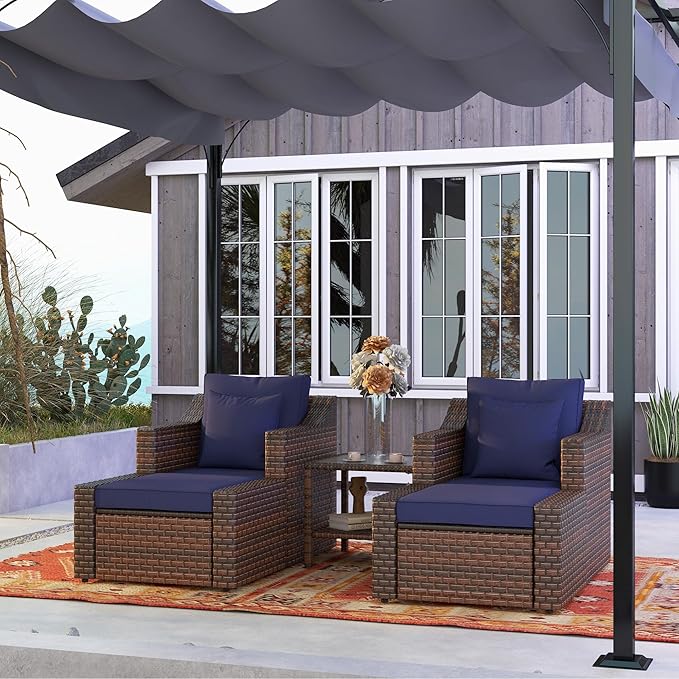 Outsunny 5 Piece Patio Furniture Set, All Weather PE Rattan Conversation Chair, and Ottoman Set with Coffee Table, Cushions & Pillows Included for Balcony, Porch, Deck, Pool, Lawn, Dark Blue