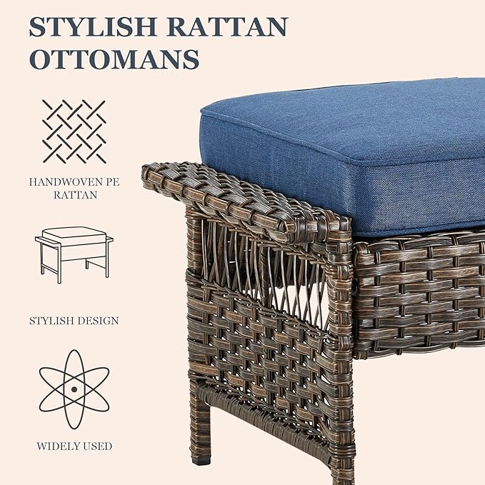 Patio Furniture Set 2 Wicker Swivel Glider Chairs 2 PE Rattan Ottomans with Patio PE Rattan Sofa Brown Wicker Blue Cushions Patio Conversation Set 5pcs for Garden Balcony Backyard