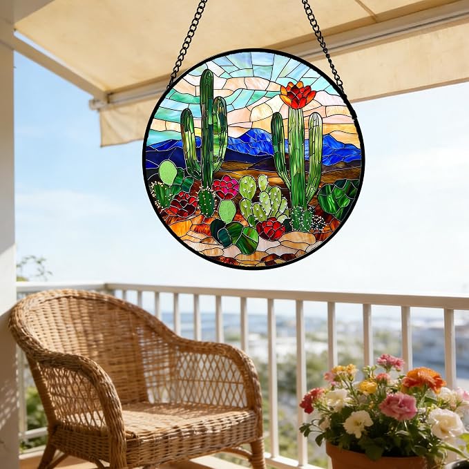 DASTOLL Stained Glass Window Hanging, Green Cactus Suncatcher for Doors Window Home Plant Landscape Sun Catchers Decoration Mother's Day Birthday Gifts for Women, Men, and Mom 15 in