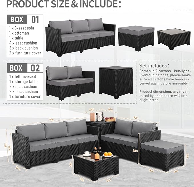 Valita Patio Furniture Set with Storage Box 5 Pieces Black Wicker Outdoor Couch Sectional with Glass Table and Non-Slip Cushions and Furniture Covers, Light Grey