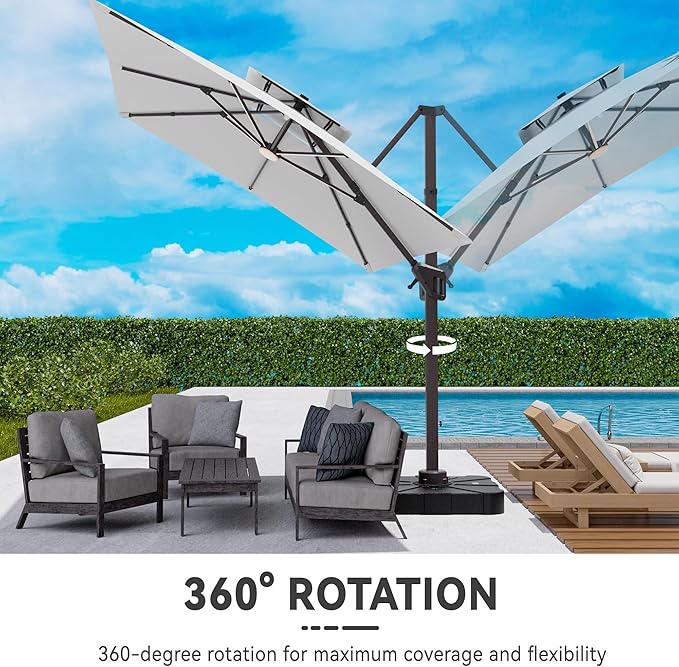 10x13 FT Cantilever Patio Umbrella with Led Lights Double Top Outdoor Rectangular Large Heavy Duty Aluminum Offset Umbrellas with 7 Level Tilt 360-degree Rotation for Pool Garden Deck, Fog Grey