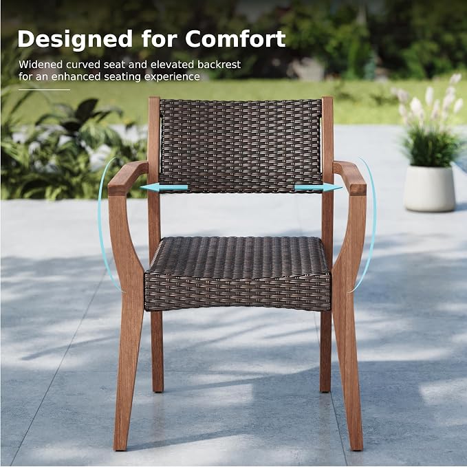 MFSTUDIO Teak Outdoor Dining Set for 8, Outdoor Wood Table and Chairs, 9 Pieces Outdoor Dining Table Set with Rattan Chairs, Wood Patio Dining Furniture Expandable Table for 8