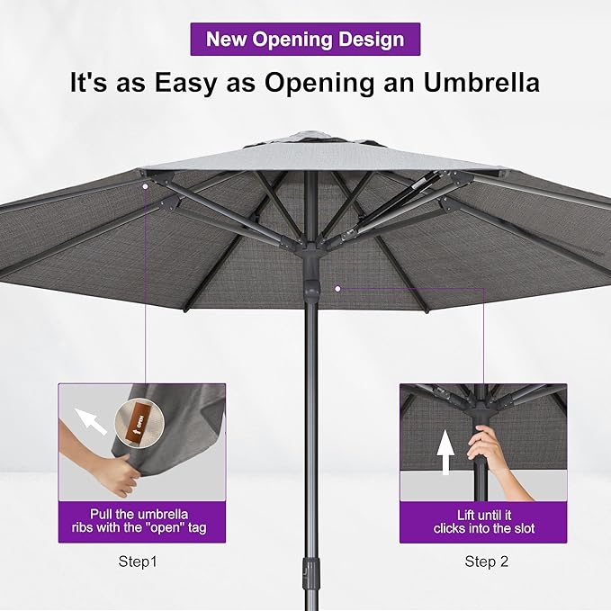 PURPLE LEAF 9 FT Semi-Auto Outdoor Patio Umbrella with Base Market Table Sun Umbrellas with 8 Aluminum Sturdy Ribs for Backyard Deck Garden Pool (Gray Pole Gray Canopy)