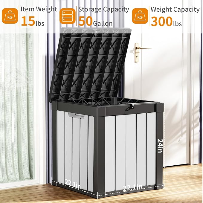 ROJIK 50 Gallon Resin Deck Box, Lockable Waterproof Weatherproof Outdoor Storage Container for Garden Tools, Cushions & Outdoor Accessories (Black&White)