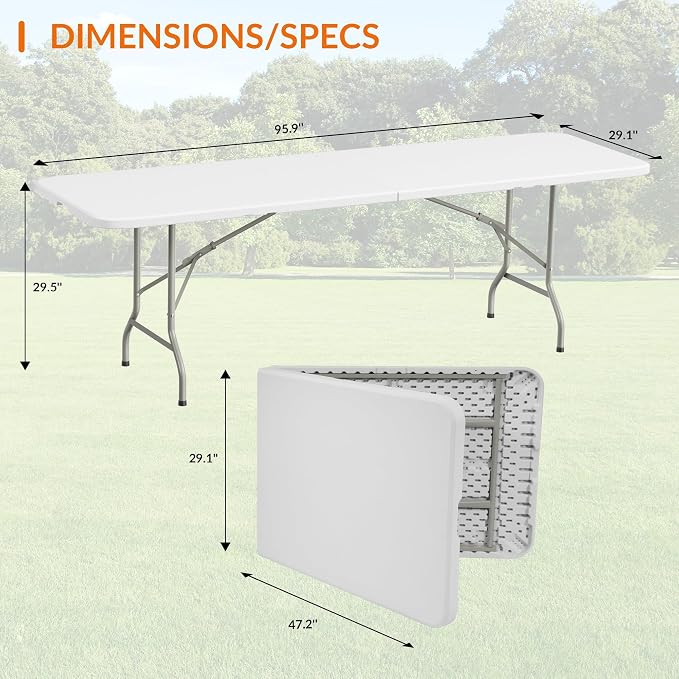 Elevon 8 Feet Heavy Duty Folding Table with Adjustable Height, Fold-in-Half Portable Table for Indoor Outdoor Use - Camping, Picnic, Party, Wedding, Dining, Utility Table