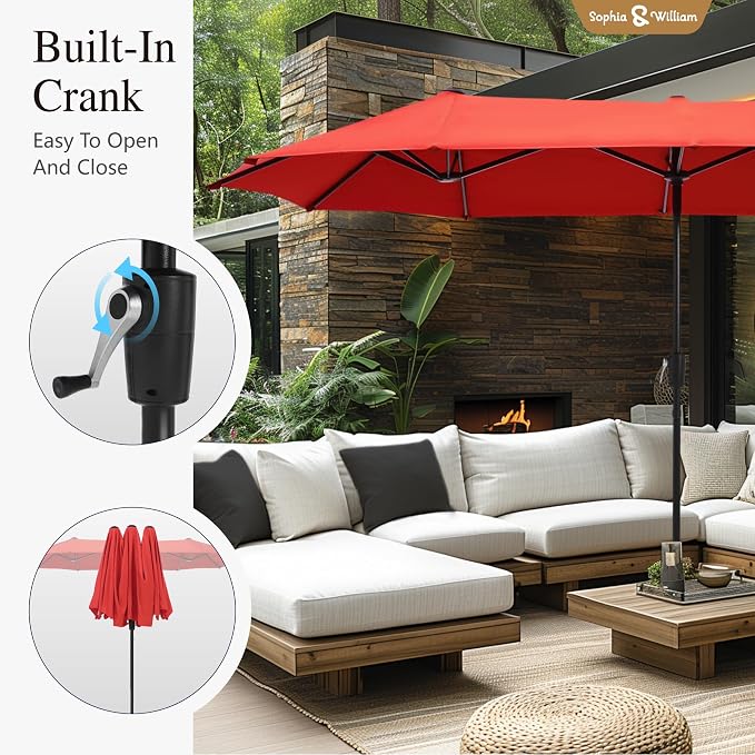 Sophia & William Patio Set with Umbrella Outdoor Dining Set for 6 with 13ft Umbrella Orange Red, 6 x Patio Chairs Blue, 1 Wood Like Dining Table for Deck Lawn Garden (No Umbrella Base)