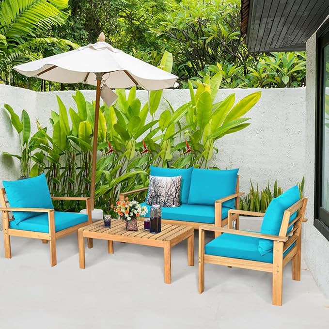 Tangkula Outdoor 4-Piece Acacia Wood Chat Set, 4 Seater Acacia Wood Conversation Sofa and Table Set with Water Resistant Cushions, Teak Finished (1, Turquoise)