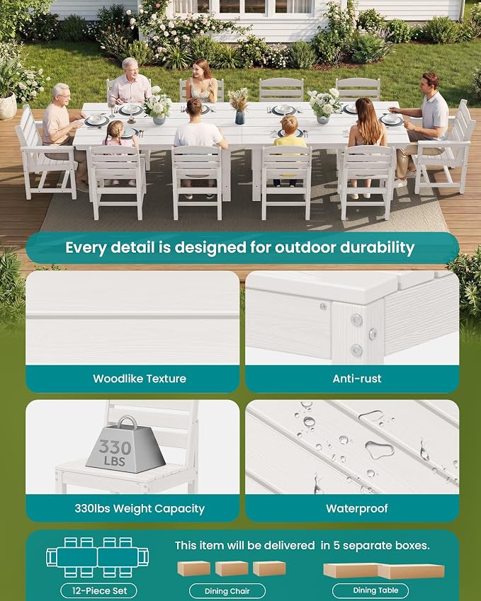 SERWALL Patio Dining Sets for 10 Person, HDPE Dining Set with 2 Tables, 8 Armless Chairs and 2 Armed Dining Chairs, White