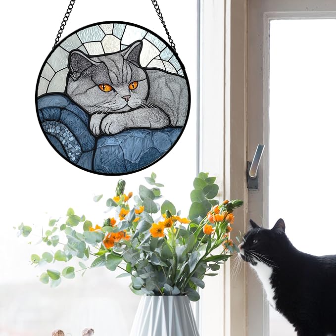 Stained Glass Window Hanging 4 Pcs Set Cute Cat Large 15" - Suncatcher Door Garden Sun Catcher Decor Birthday Mother's Day Christmas Comfort Gifts for Lost Pet Woman Nana Mom Men Friend