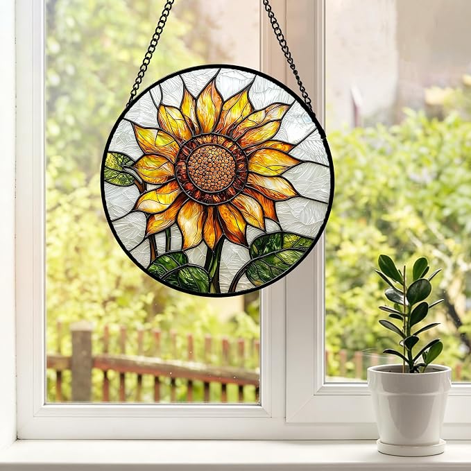 DASTOLL Stained Glass Window Hanging - Sunflower Flower Suncatcher Ready to Hang Window Doors Home Decoration and Christmas, Mother's Day Birthday Gifts for Women, Men, and Mom 9.8x9.8 in