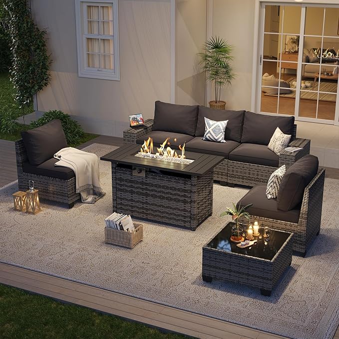 Aoxun Outdoor Patio Furniture Set with 44'' Fire Pit Table, 7 Pcs Outdoor Patio Furniture Sets with 4'' Thicken Cushion, Widen Armrests Wicker Outdoor Sectional for Backyard (Gas Converter Include)